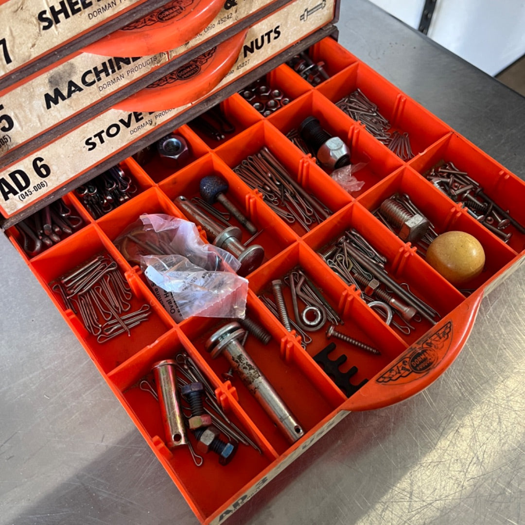 6-Drawer Vintage Metal Dorman Cabinet – Fully Stocked with Mixed Hardware