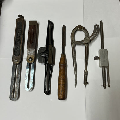 Lot of 5 Vintage Hand Tools – Bevel Gauges, Spokeshave, Chisel, Compass, and Nairn Scriber