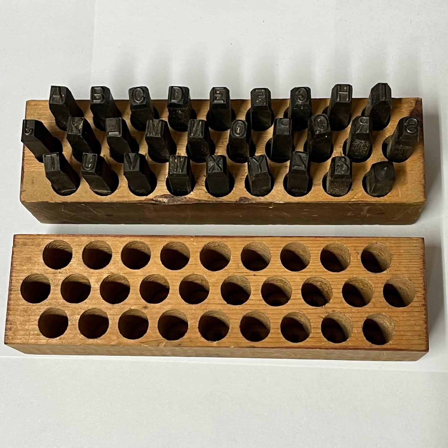 Vintage Millers Falls No. 1500 Steel Letter Punch Set – 1/4" A–Z Alphabet Stamps with Wooden Block