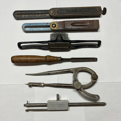 Lot of 5 Vintage Hand Tools – Bevel Gauges, Spokeshave, Chisel, Compass, and Nairn Scriber