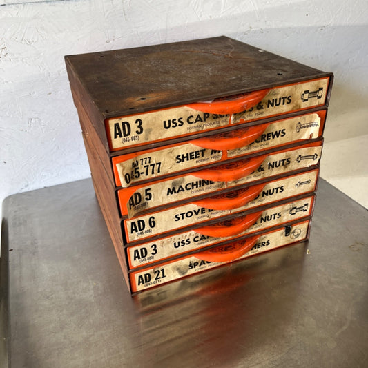 6-Drawer Vintage Metal Dorman Cabinet – Fully Stocked with Mixed Hardware