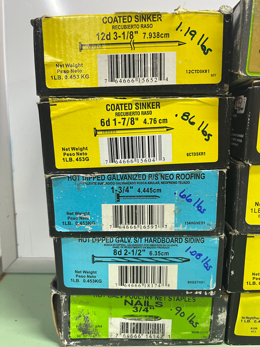 Lot of 12 Boxes – Assorted Nails &amp; Screws with Weights Labeled