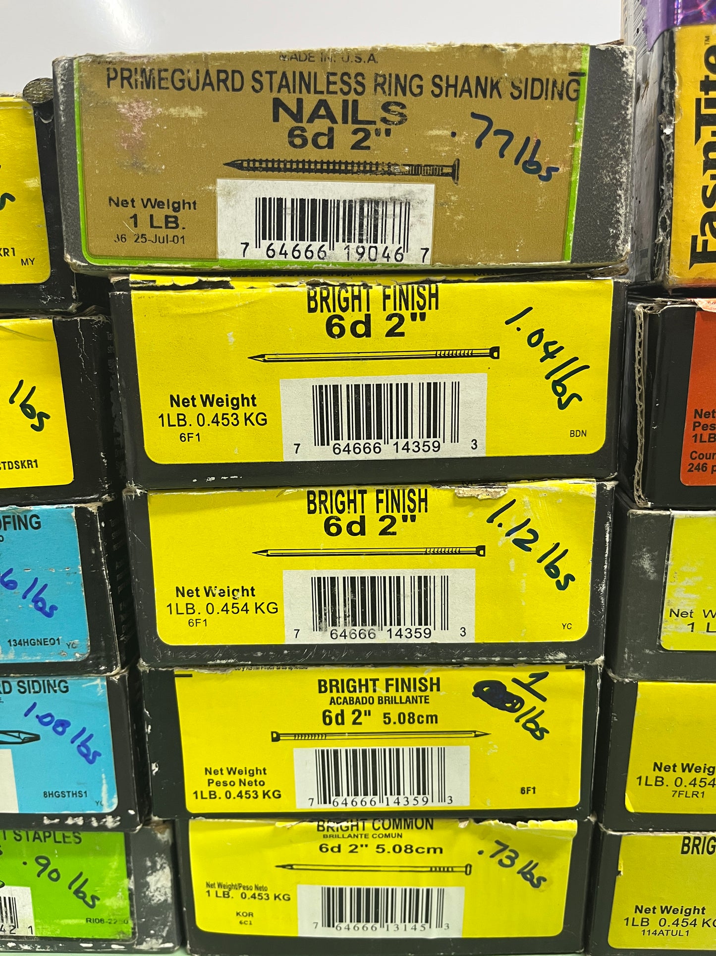 Lot of 12 Boxes – Assorted Nails &amp; Screws with Weights Labeled