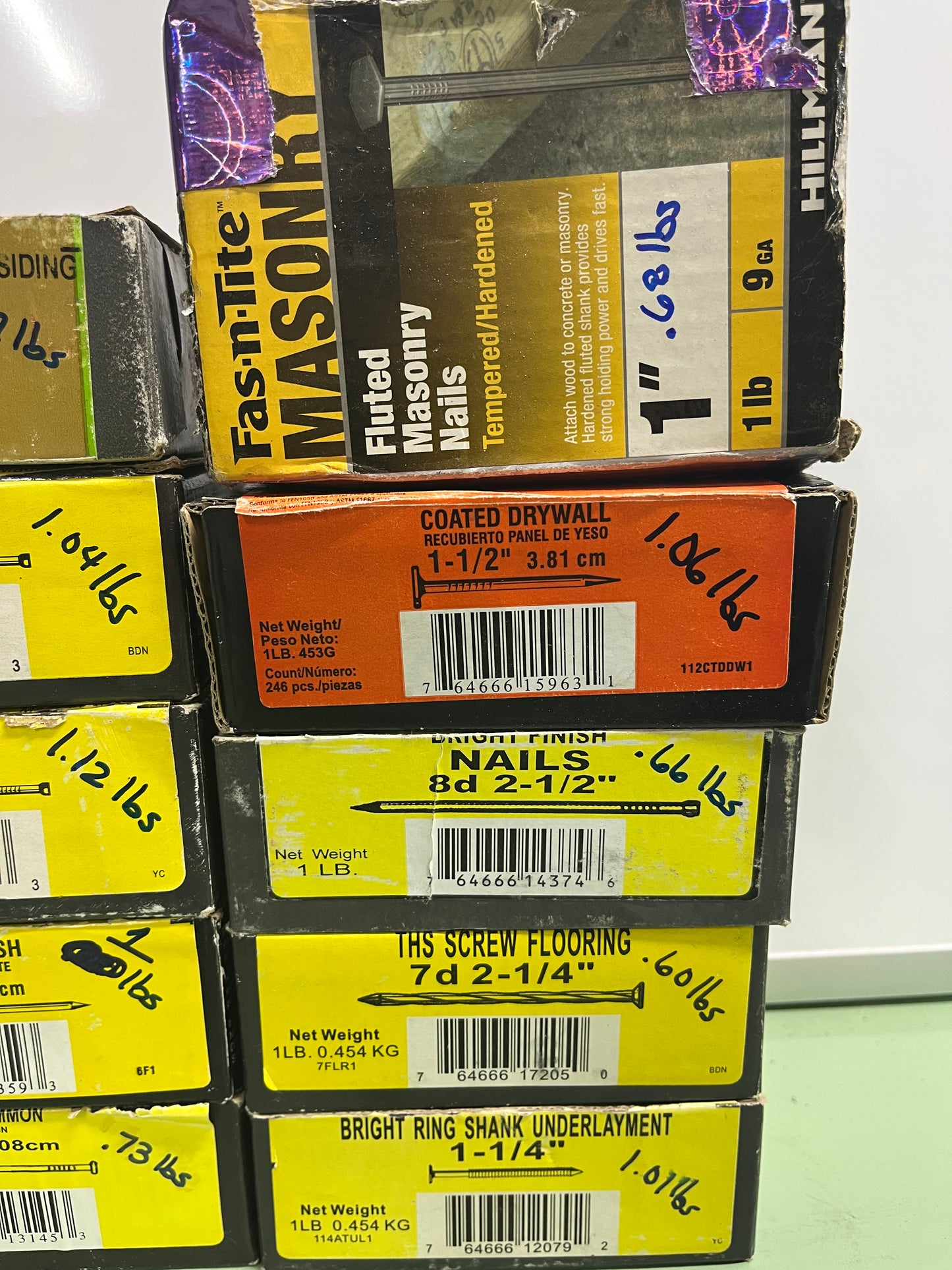 Lot of 12 Boxes – Assorted Nails &amp; Screws with Weights Labeled