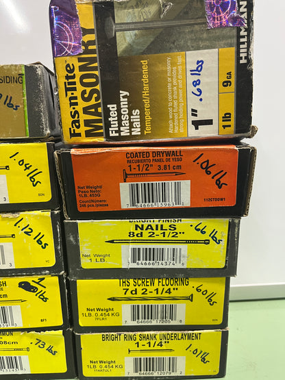 Lot of 12 Boxes – Assorted Nails &amp; Screws with Weights Labeled