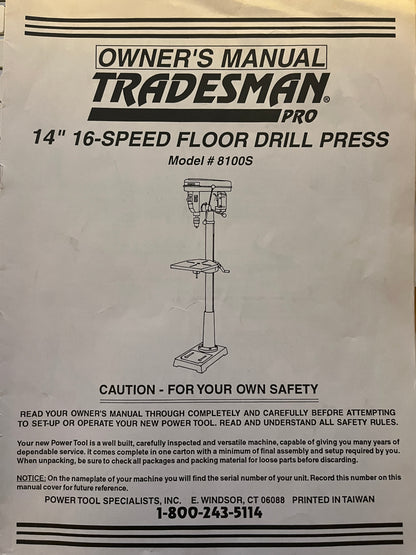 Tradesman Pro 14" 16-Speed Floor Drill Press – Model #8100S